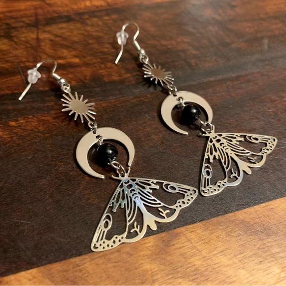 The Sun and The Moon Moth Boho Dangler Earrings - Picture 3 of 7